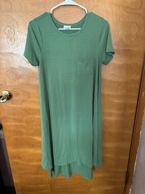 LuLaRoe Olive Green Short-Sleeve Midi Swing Dress with Pocketed Front